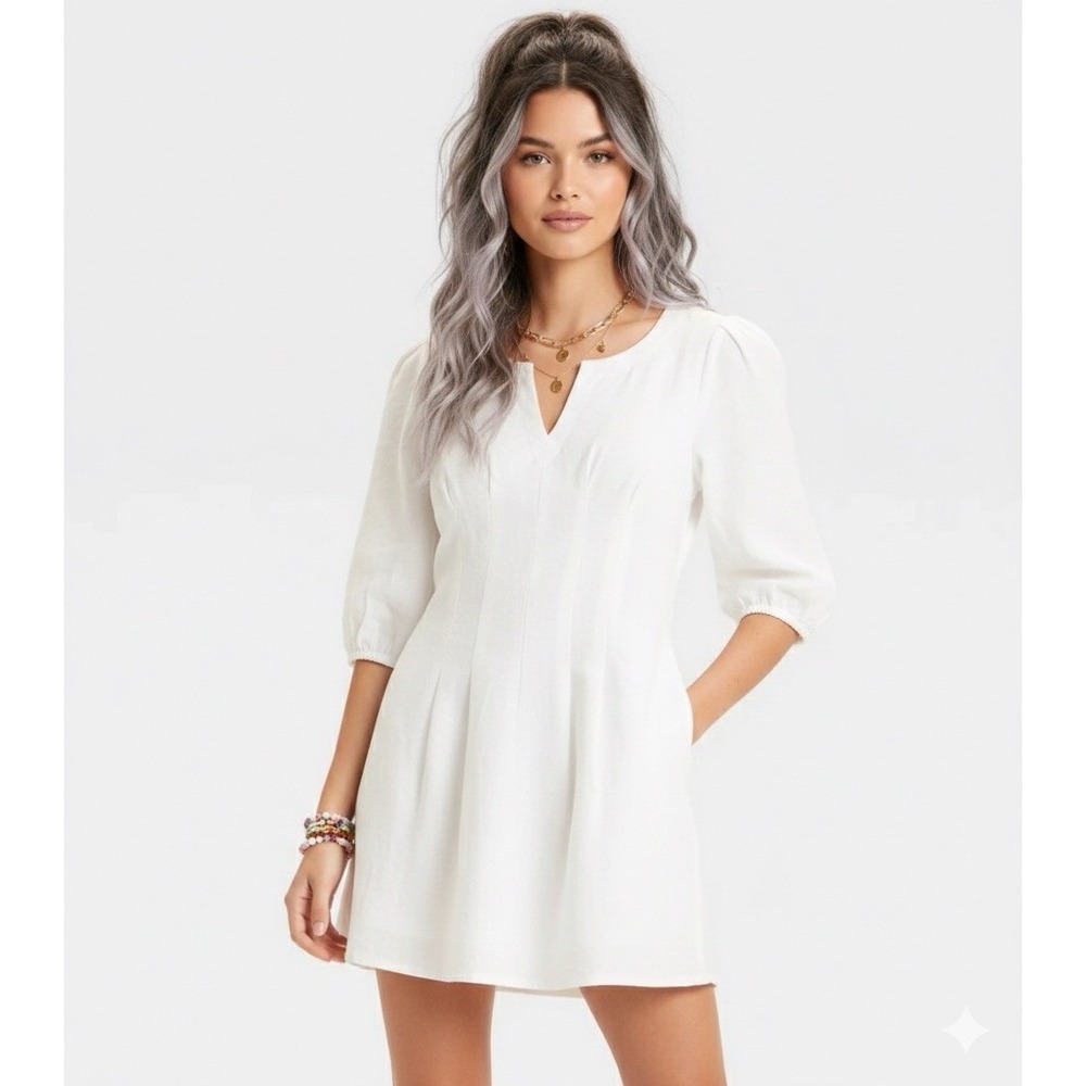 A New Day Dress Womens 10 White Linen Blend Puff Sleeve Pleated Fit Flare Mini V